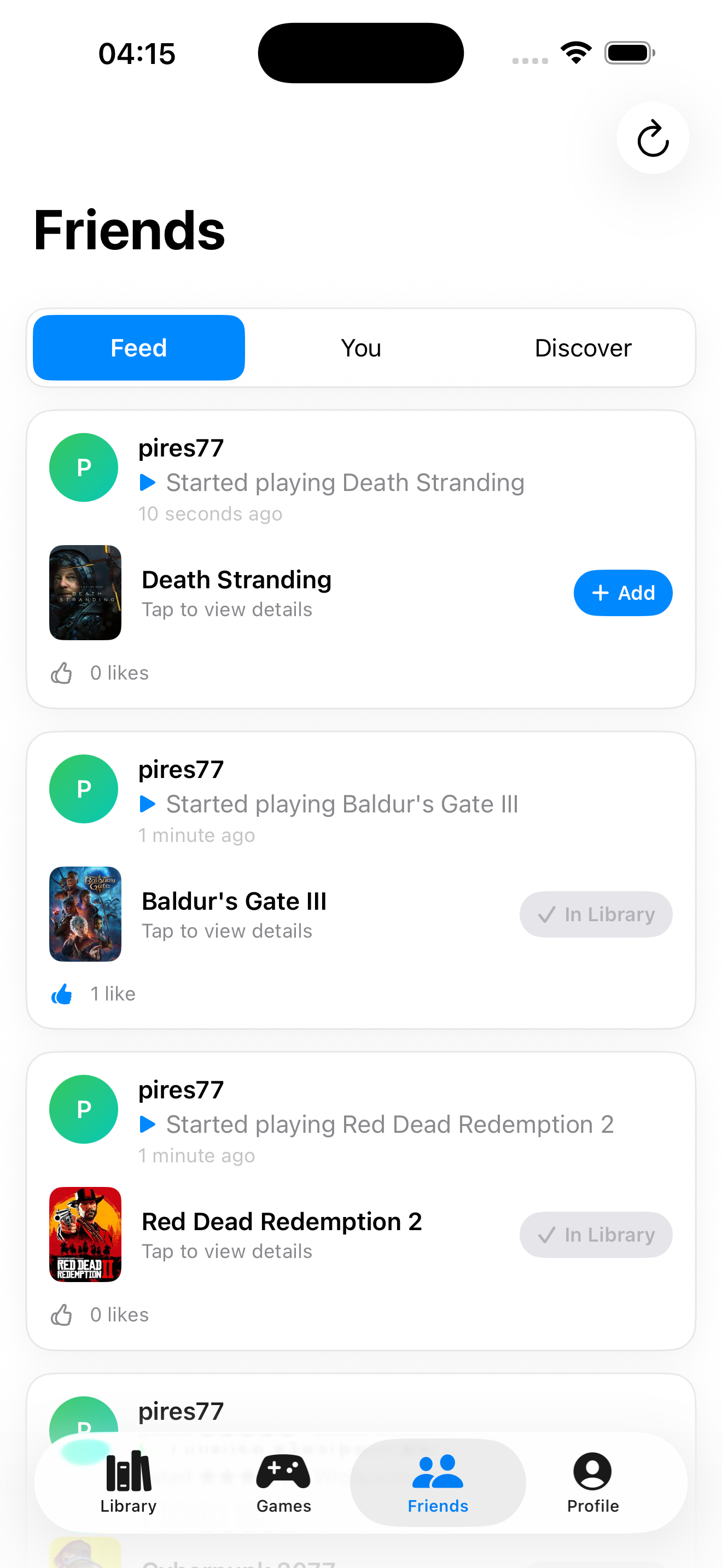 PlayVault social feed screen